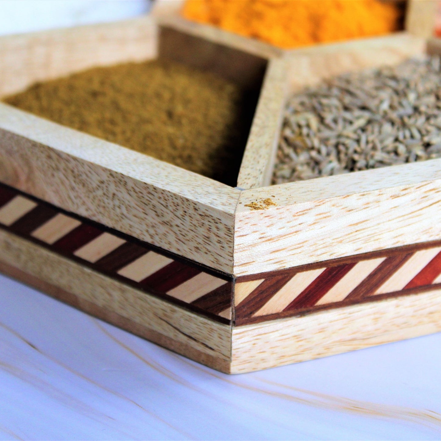 Handcrafted Wooden Spice Box / Masala Dani Hexagon Shaped with Glass Top & Wooden Spoon