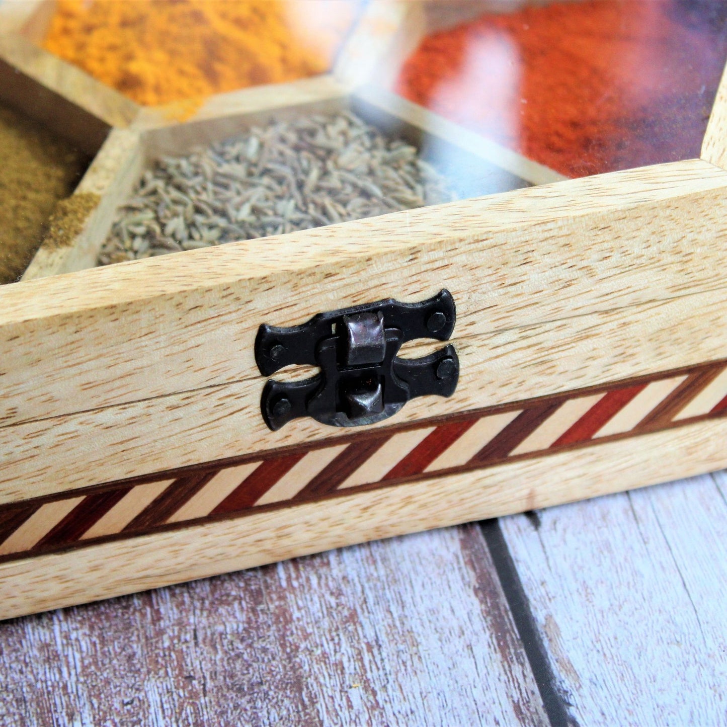 Handcrafted Wooden Spice Box / Masala Dani Hexagon Shaped with Glass Top & Wooden Spoon