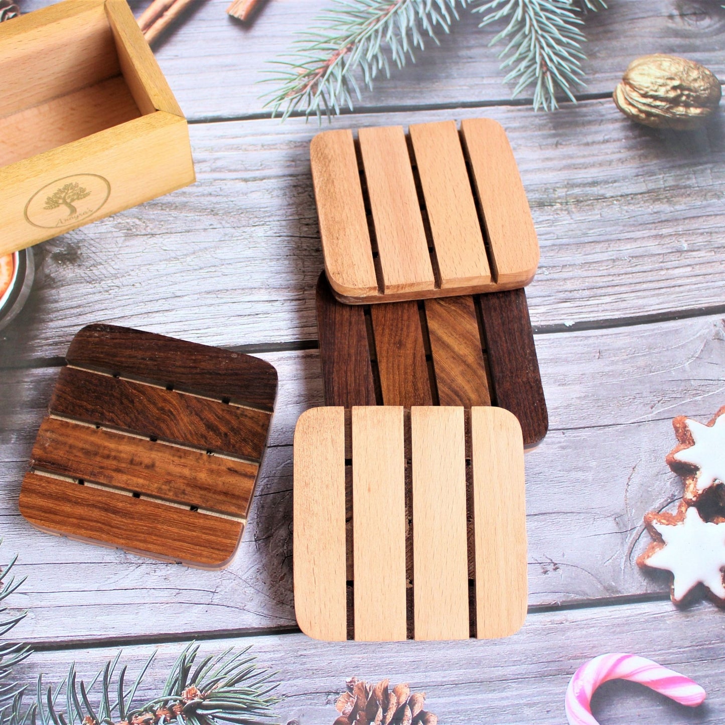 Handcrafted Mixed Wood Coaster Set