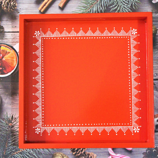 Traditional Aipan Inspired Hand Painted Wooden Serving Tray with Coaster Set
