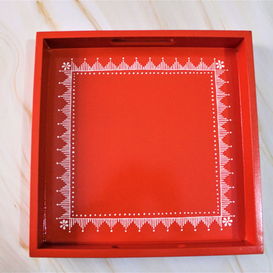 Traditional Aipan Inspired Hand Painted Wooden Serving Tray with Coaster Set