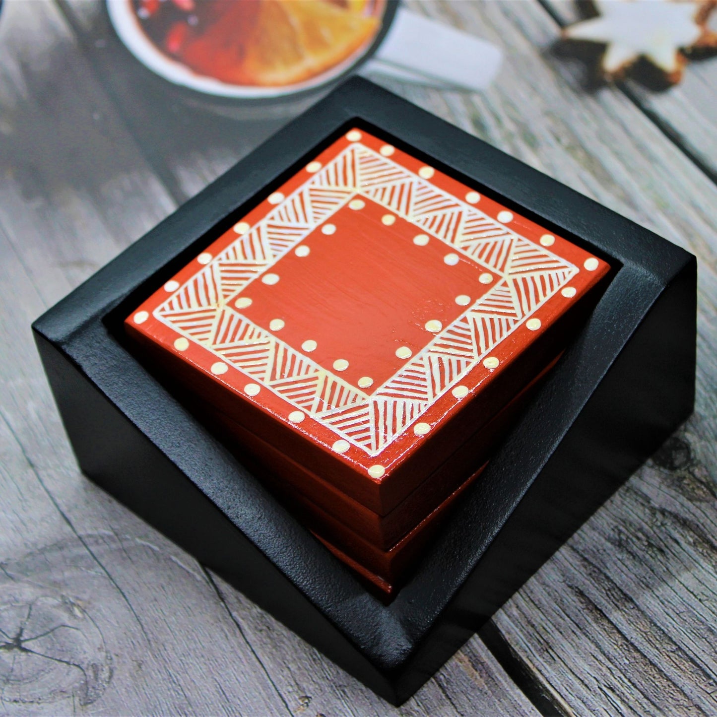 Traditional Aipan Inspired Hand Painted Wooden Serving Tray with Coaster Set