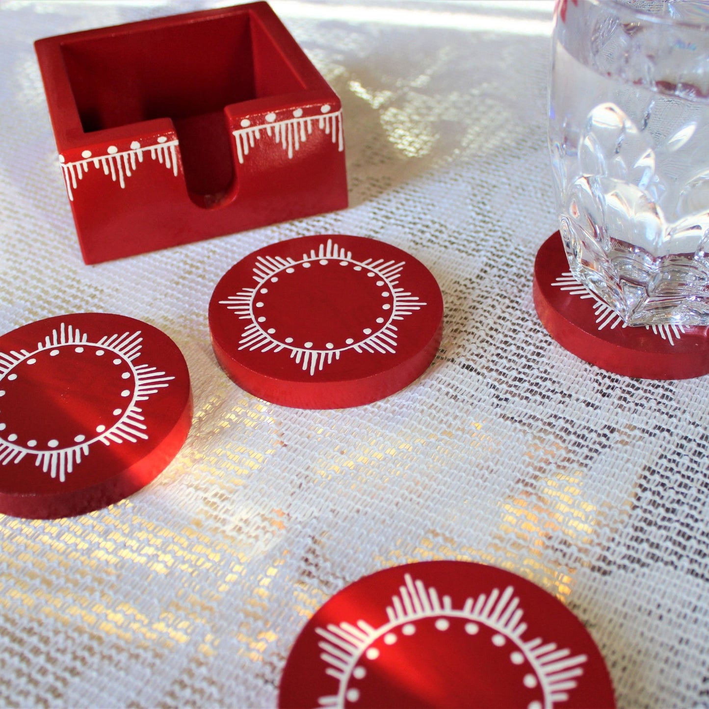 Traditional Aipan Inspired Hand Painted Wooden Serving Tray with Coaster Set