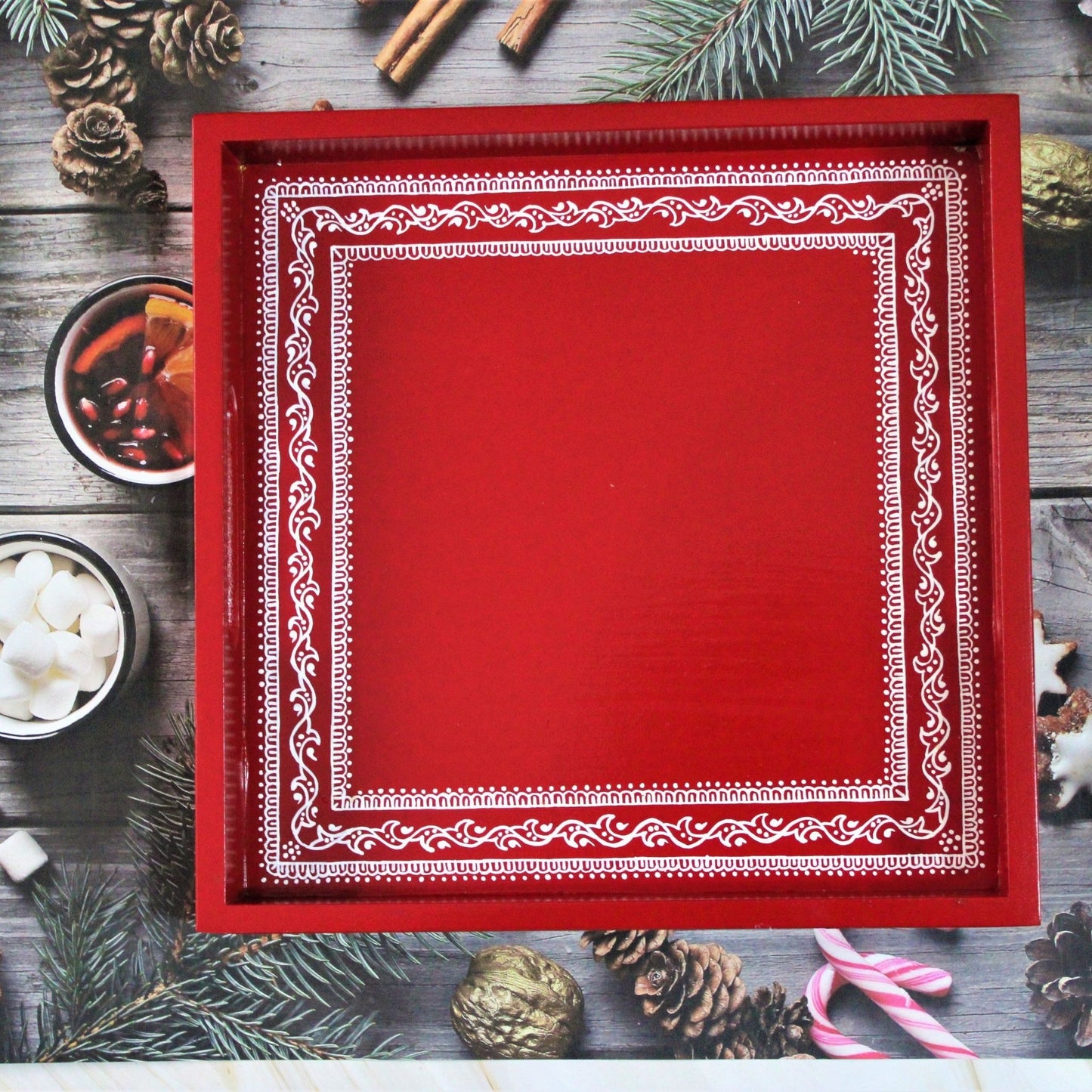 Traditional Aipan Inspired Hand Painted Wooden Serving Tray with Coaster Set