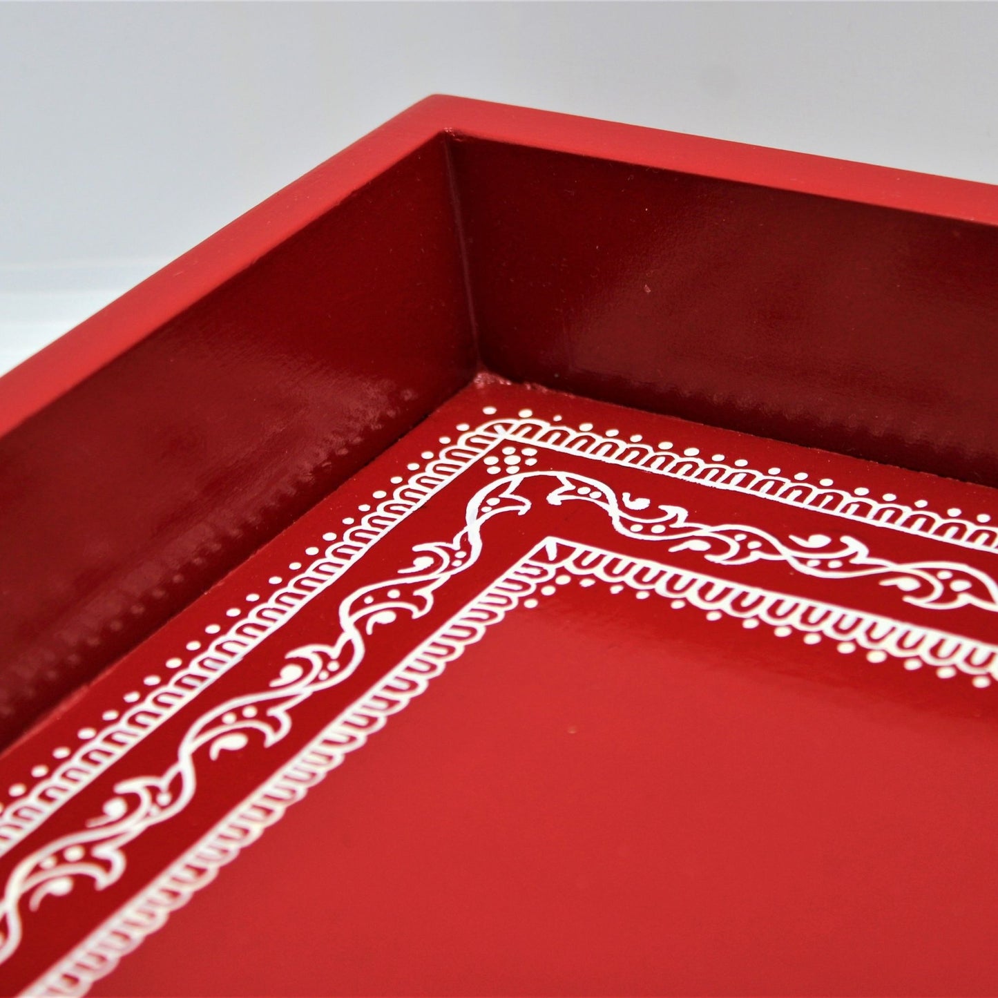 Traditional Aipan Inspired Hand Painted Wooden Serving Tray with Coaster Set