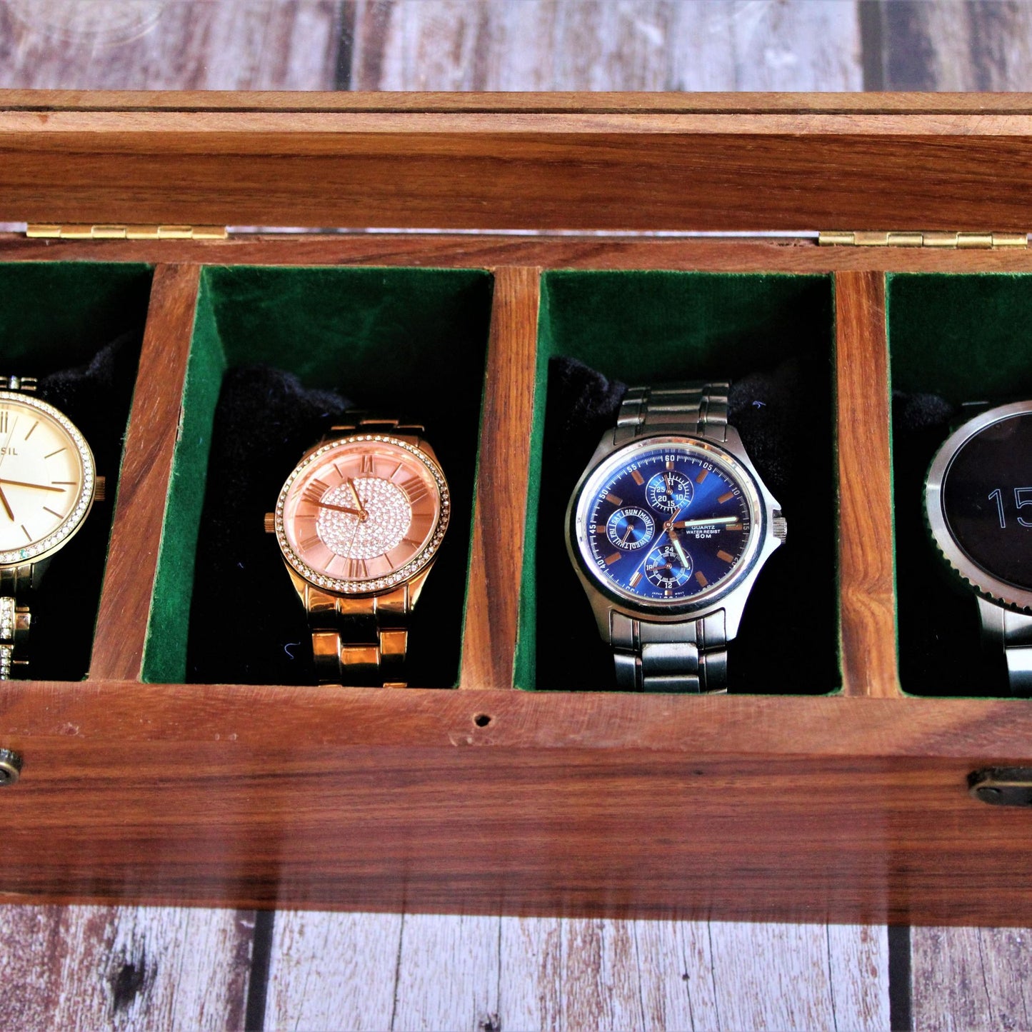 Handcrafted Sheesham Wood Watch Box with Glass Top for Men & Women