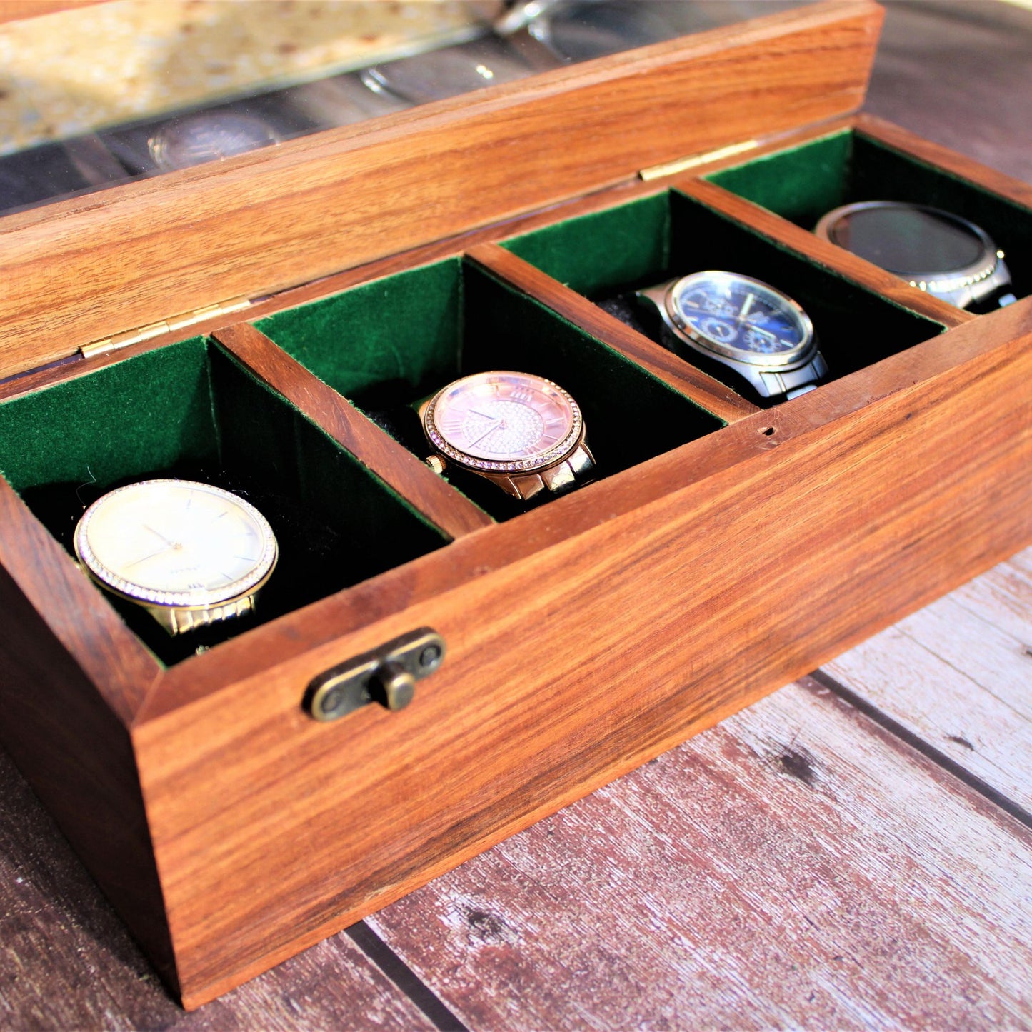 Handcrafted Sheesham Wood Watch Box with Glass Top for Men & Women