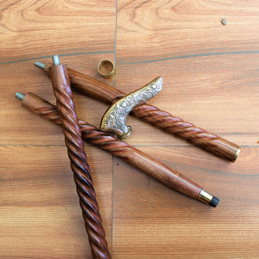 Sheesham Wood Handcrafted Walking Stick Cane Foldable with Beautiful Brass Handle