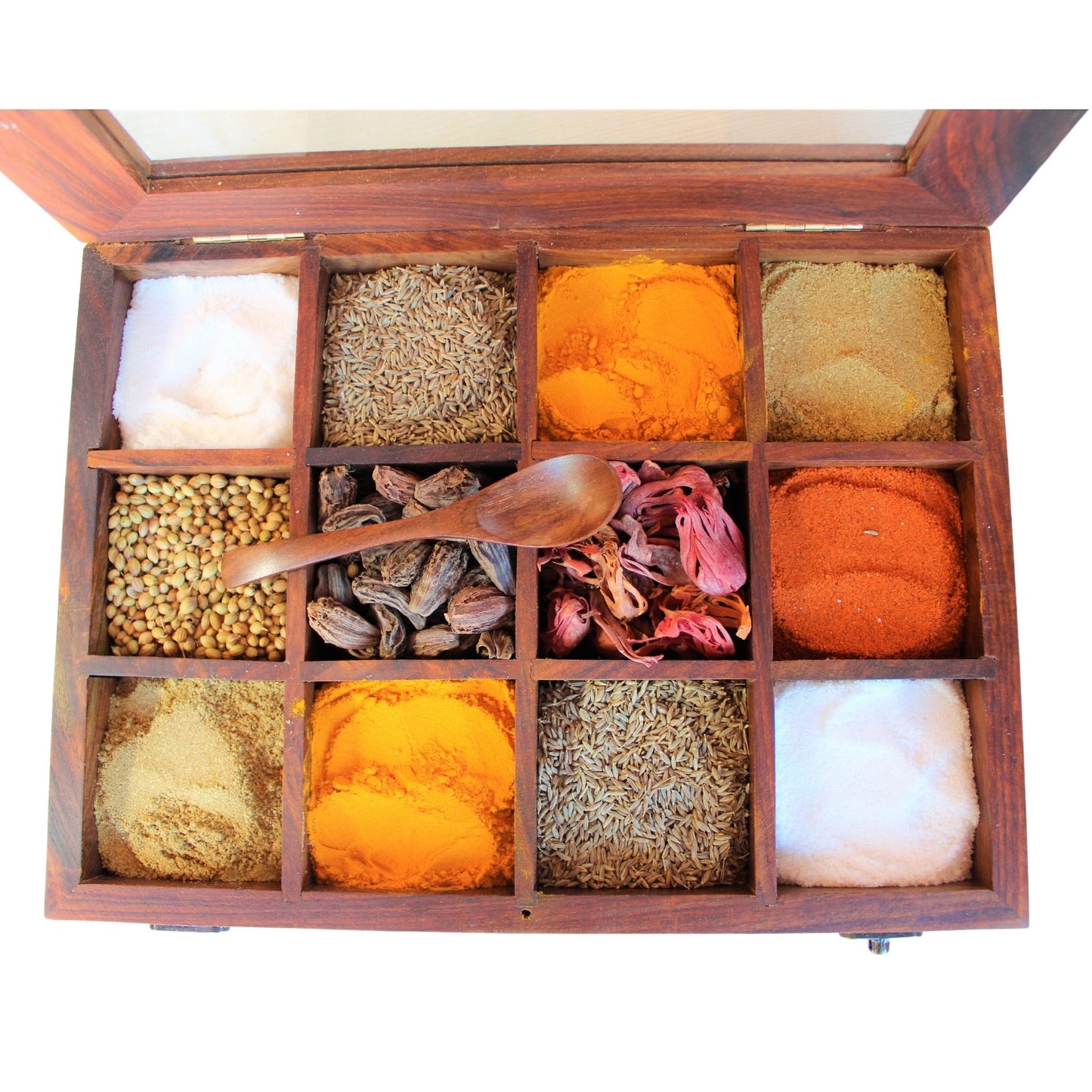Handcrafted Sheesham/Rosewood Spice Box/Masala Dani with Glass Top & Wooden Spoon