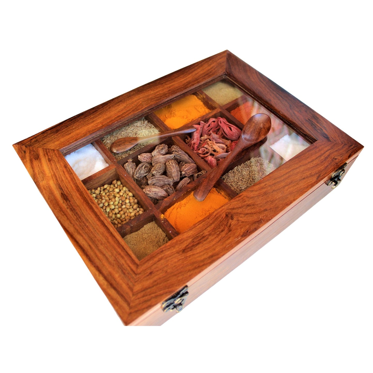 Handcrafted Sheesham/Rosewood Spice Box/Masala Dani with Glass Top & Wooden Spoon