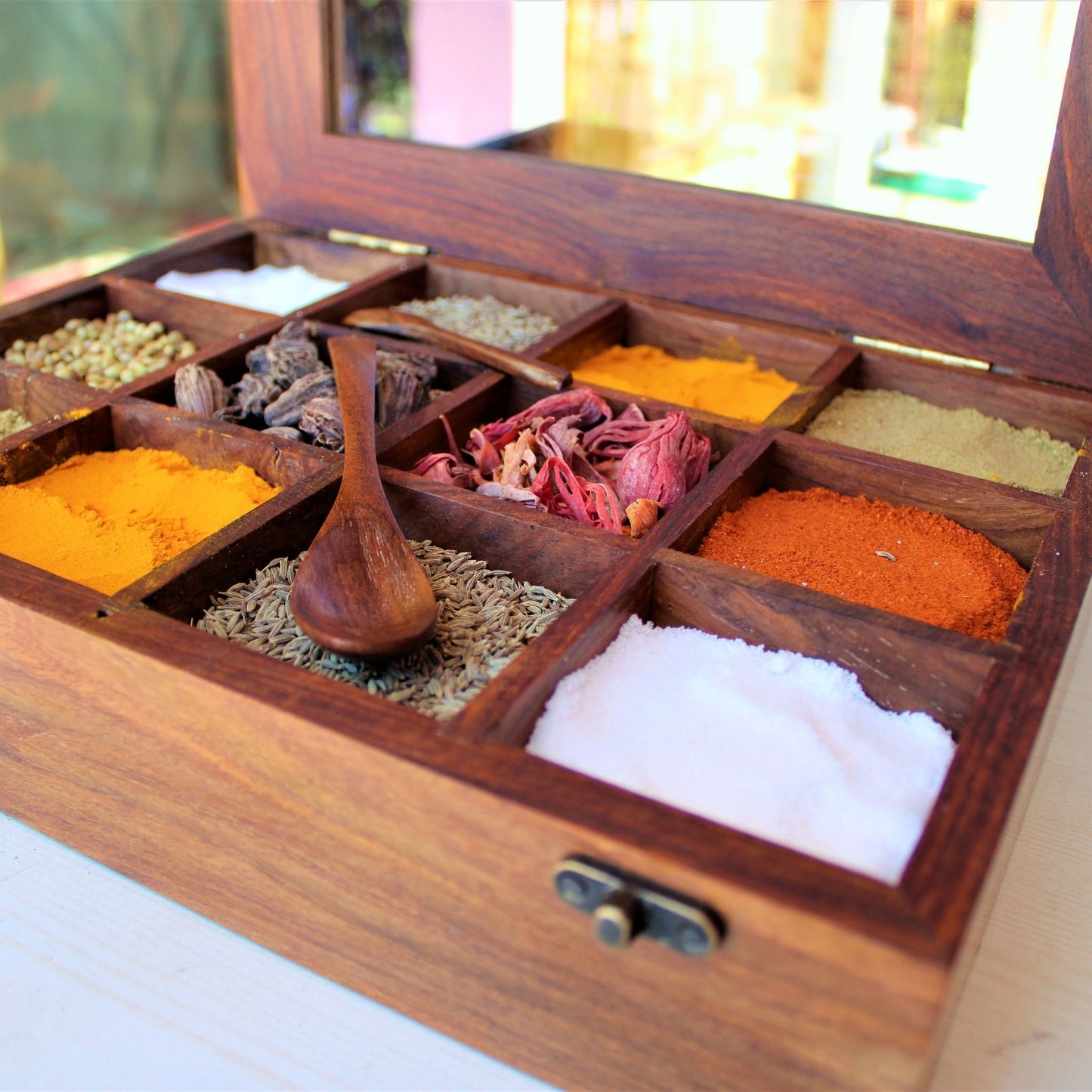 Handcrafted Sheesham/Rosewood Spice Box/Masala Dani with Glass Top & Wooden Spoon