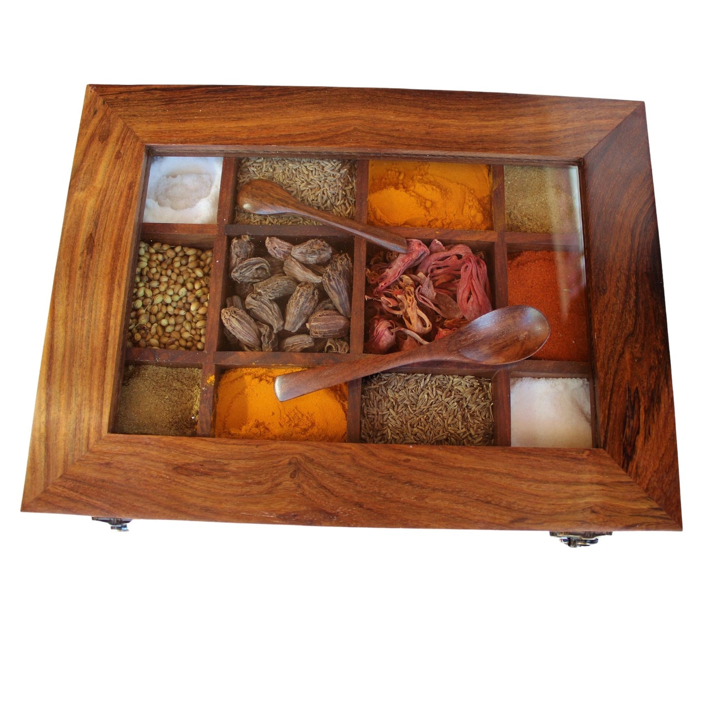 Handcrafted Sheesham/Rosewood Spice Box/Masala Dani with Glass Top & Wooden Spoon