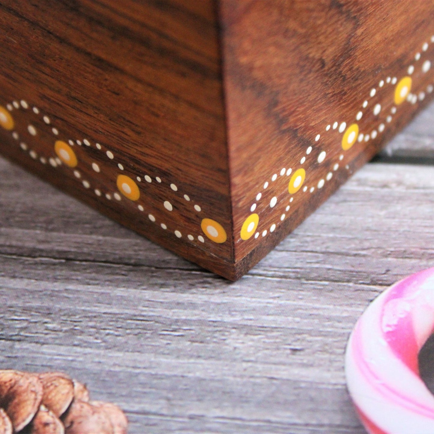 Aipan Inspired Hand Painted and Handcrafted Wooden Spice Storage Box with Glass Top and Free Wooden Spoon. Showcase Your Spices and other condiments with style. Alternatively Store Tea Bags, Dry Fruits and other condiments of the kitchen.