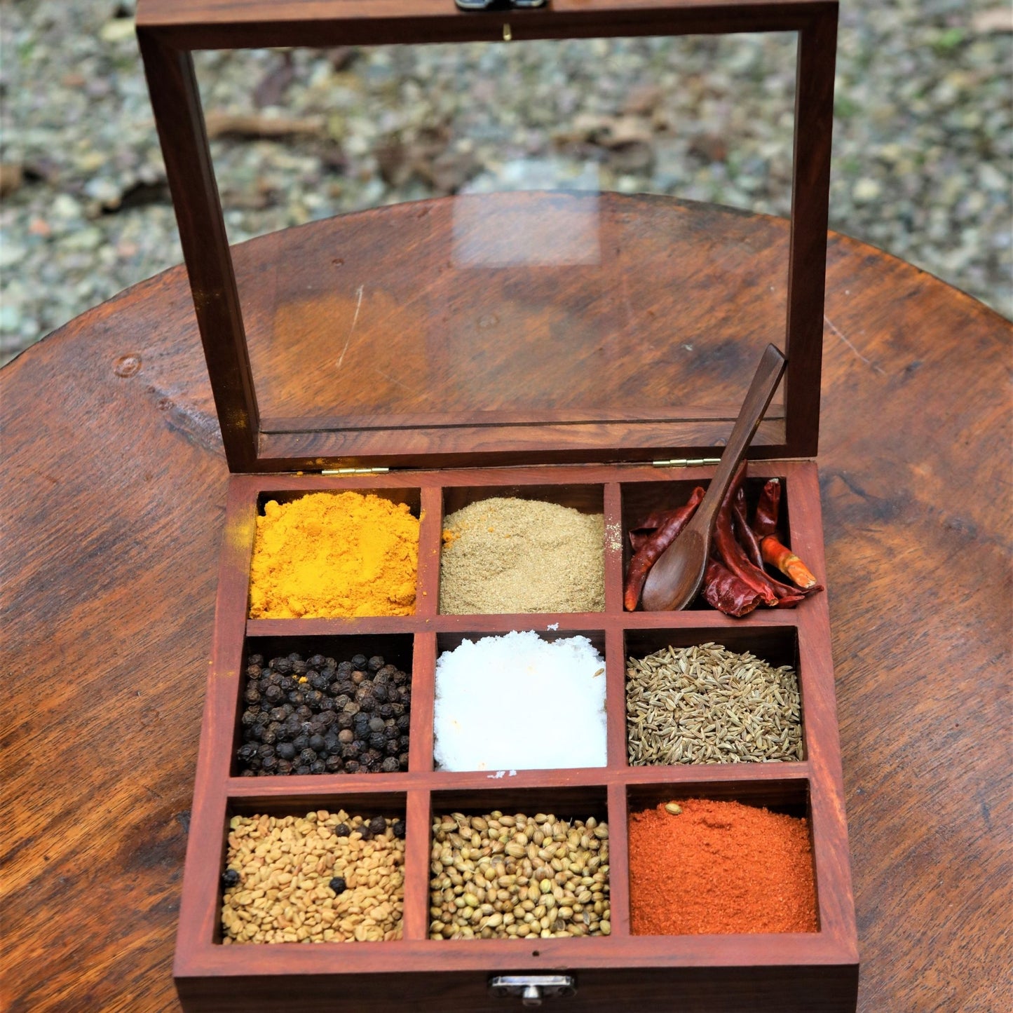 Indian Rosewood Spice Box / Masala Box with Glass Top