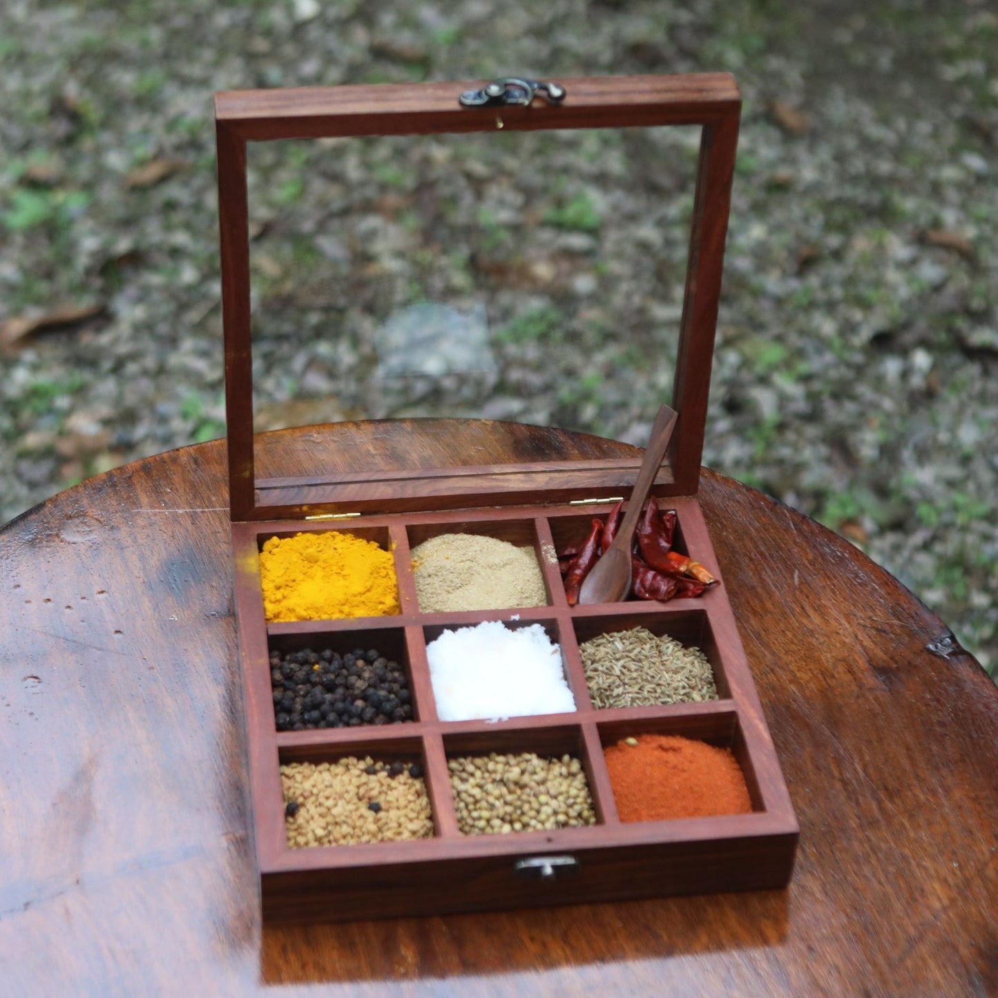 Indian Rosewood Spice Box / Masala Box with Glass Top