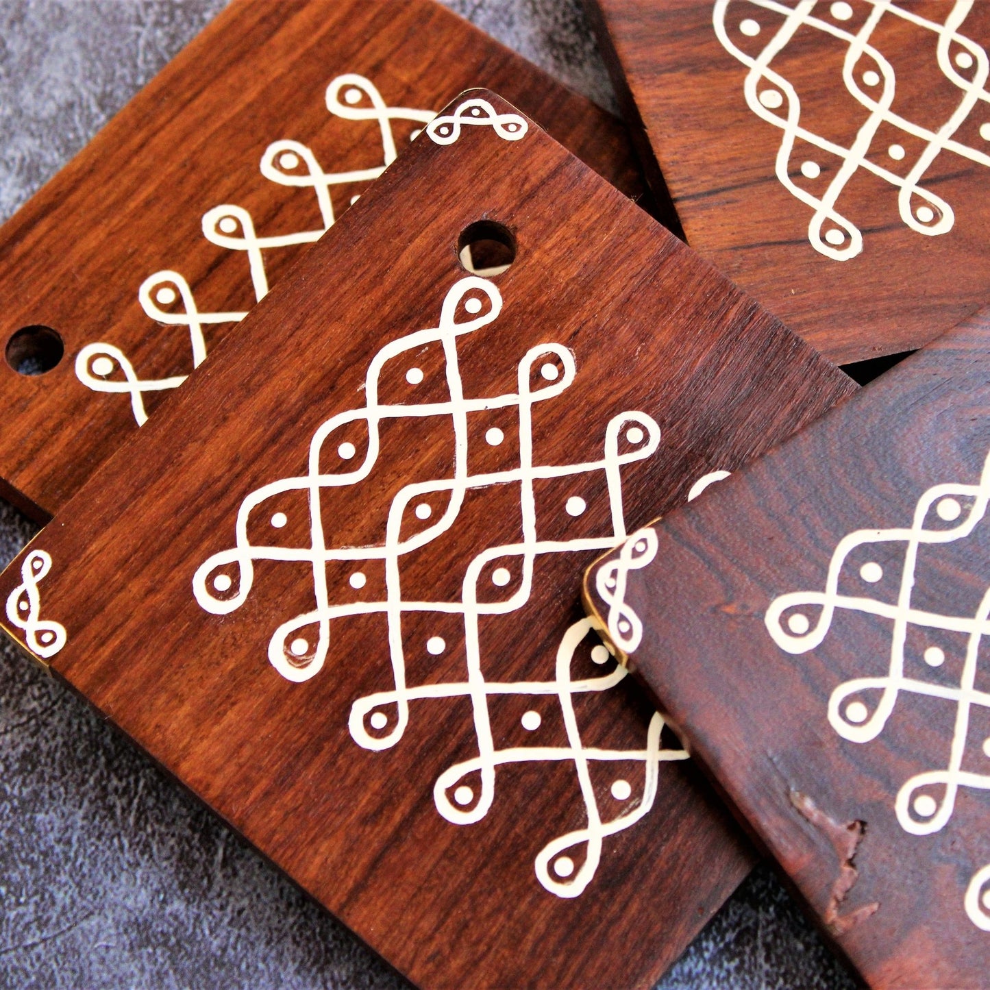 Kolam Inspired Hand Painted Sheesham Wood Coaster Set