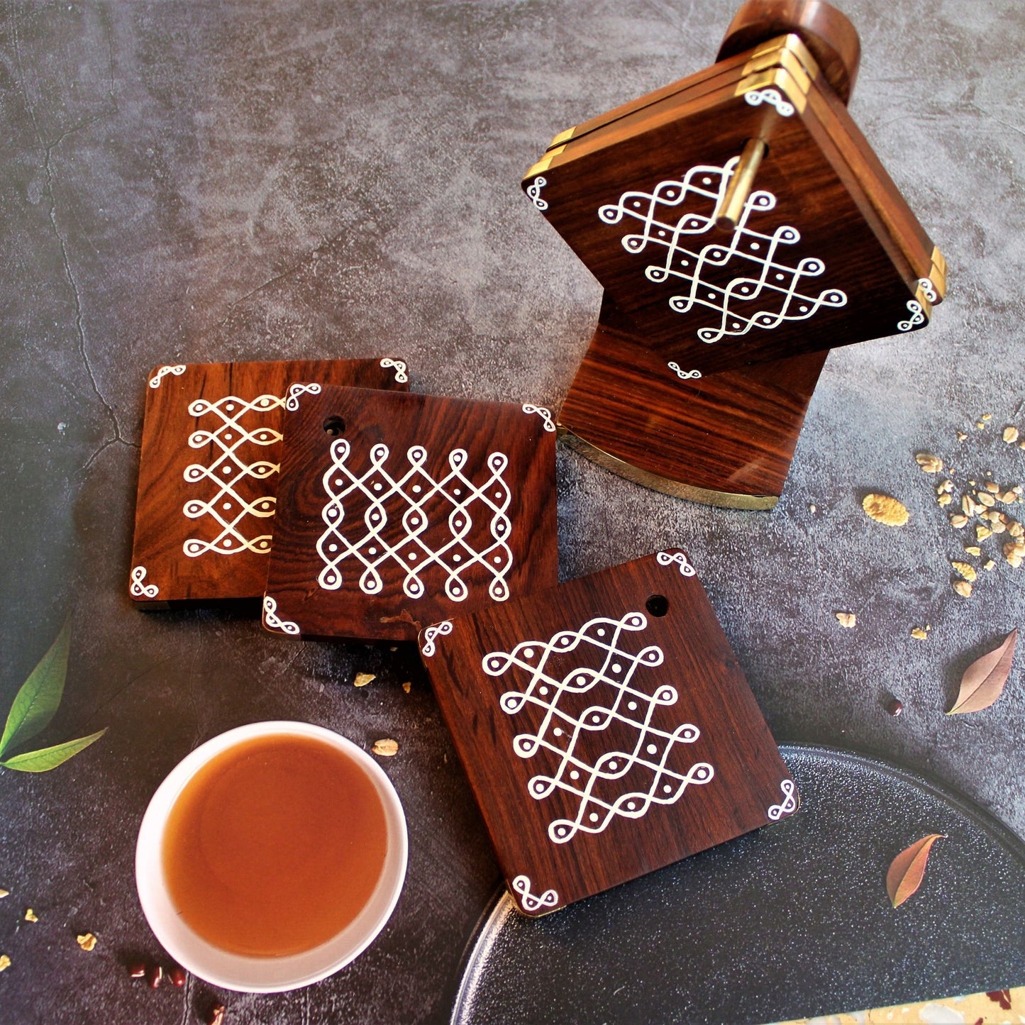 Kolam Inspired Hand Painted Sheesham Wood Coaster Set