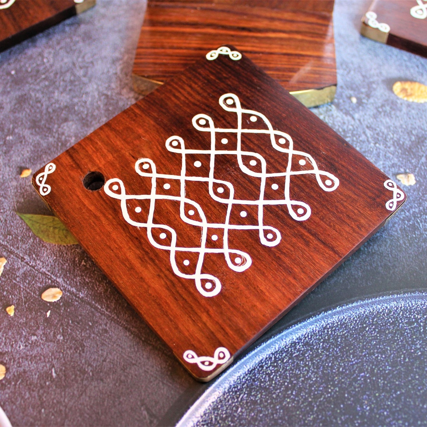 Kolam Inspired Hand Painted Sheesham Wood Coaster Set