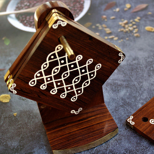 Kolam Inspired Hand Painted Sheesham Wood Coaster Set