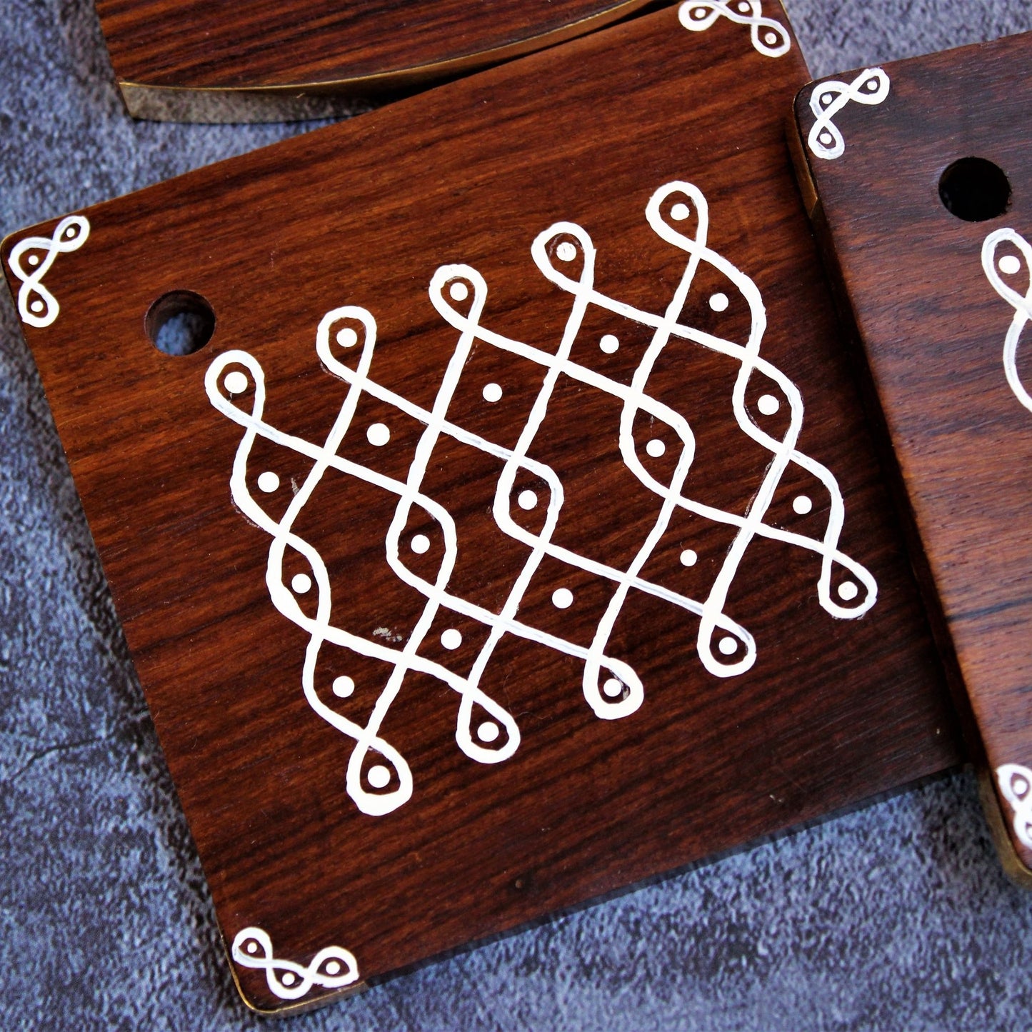Kolam Inspired Hand Painted Sheesham Wood Coaster Set