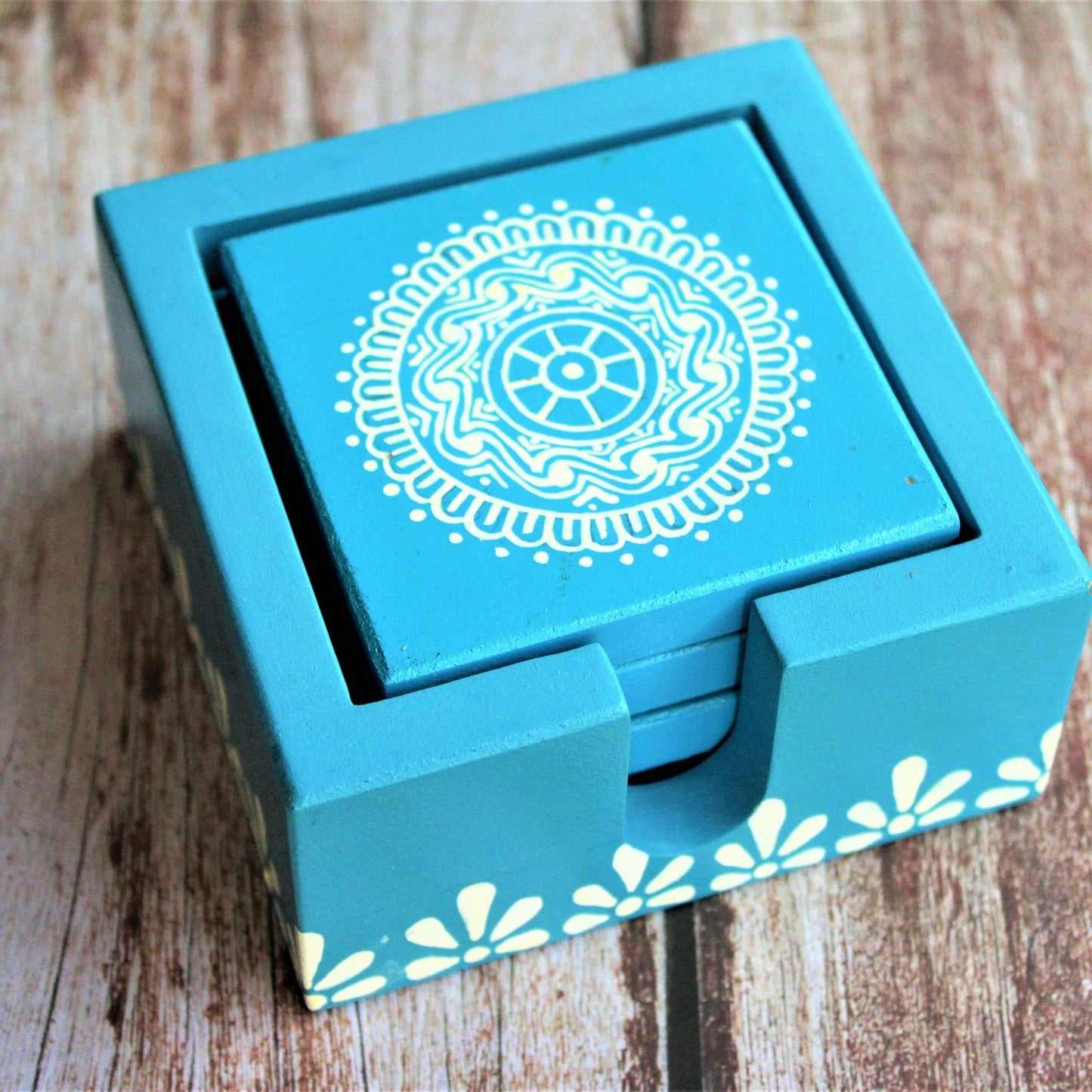 Traditional Aipan Inspired Hand Painted Wooden Serving Tray with Coaster Set