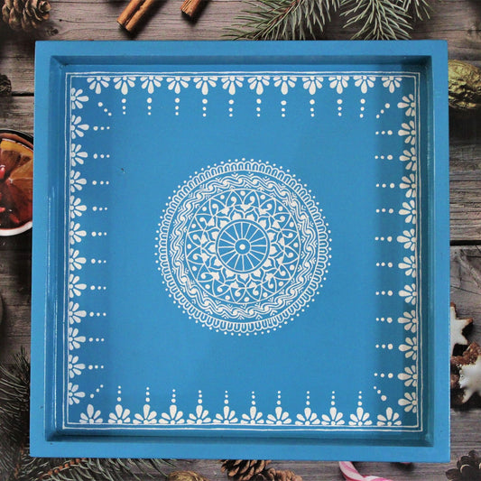 Traditional Aipan Inspired Hand Painted Wooden Serving Tray with Coaster Set