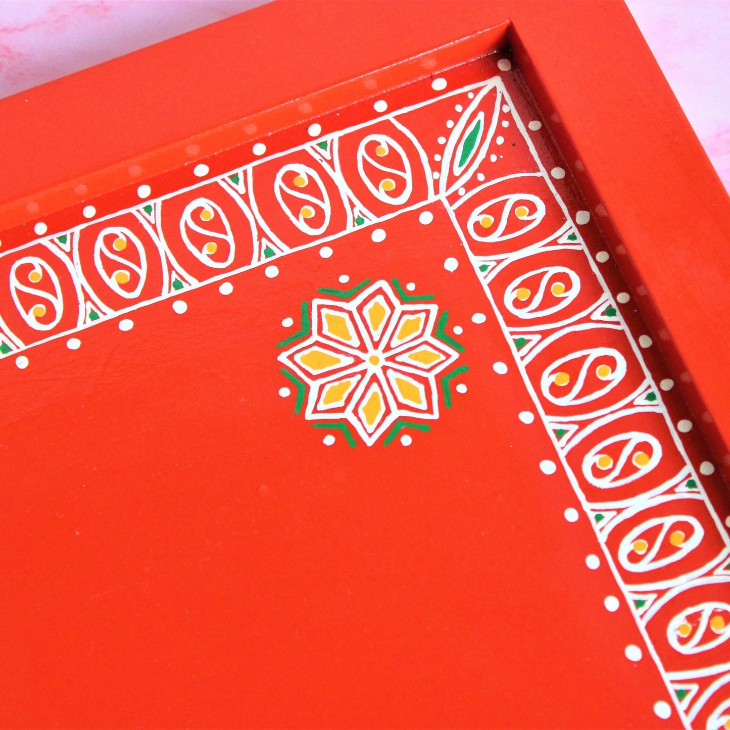Traditional Aipan Inspired Hand Painted Wooden Serving Tray