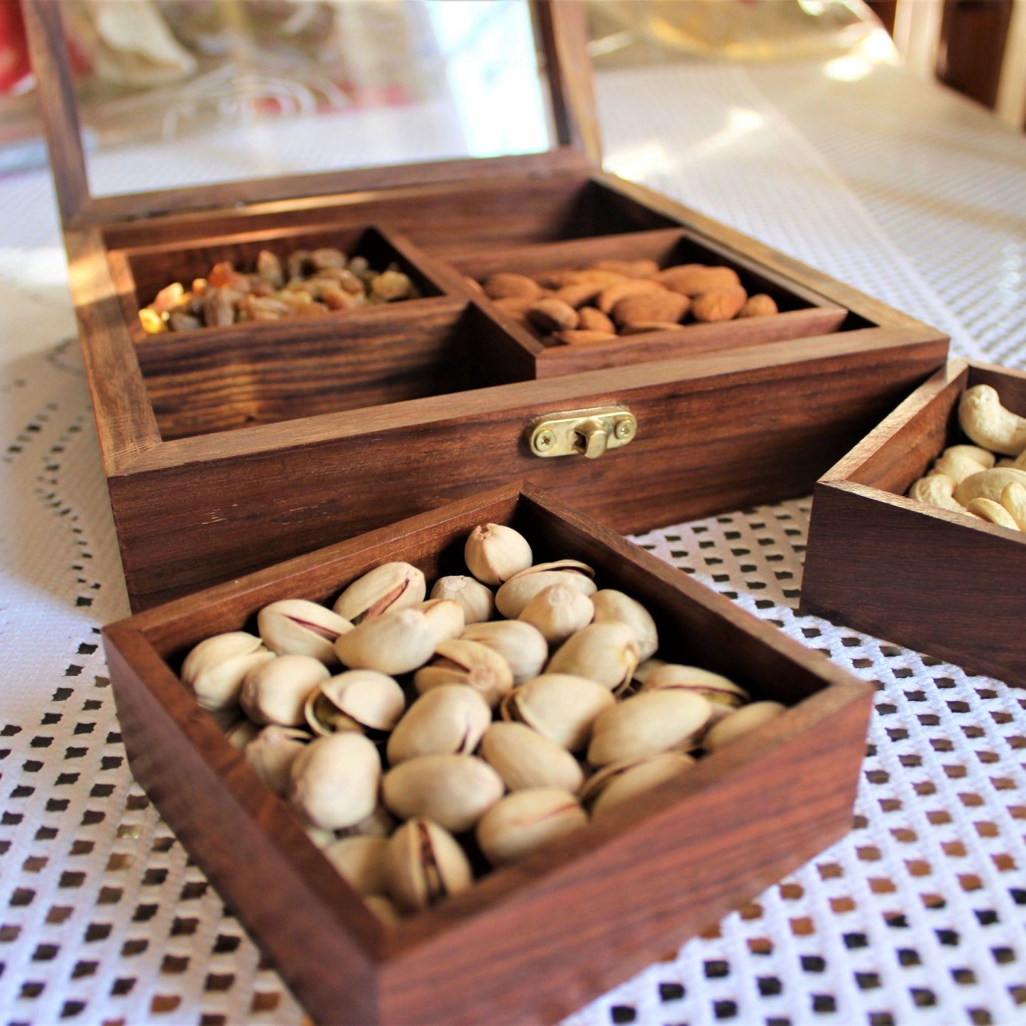 Rosewood Dry Fruit Box / Spice Box / Masala Box with Glass Top
