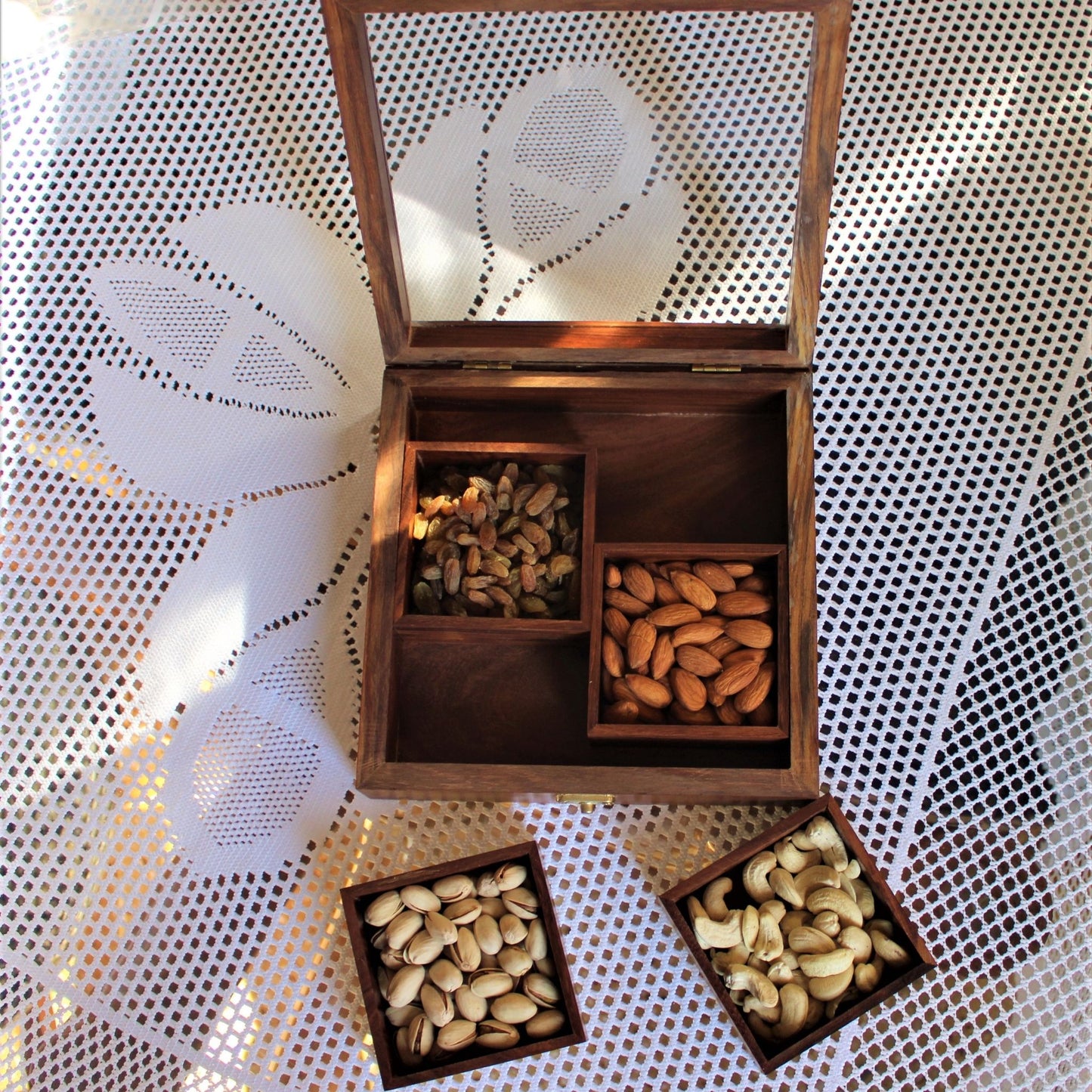 Rosewood Dry Fruit Box / Spice Box / Masala Box with Glass Top