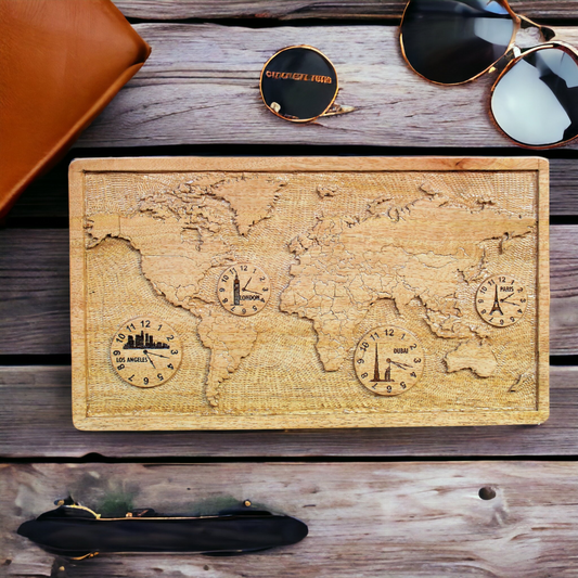 Vintage 'World Map & Clock' Hand Carved & Laser Engraved Multipurpose Watch / Spectacles / Sunglasses / Jewelry Storage Organiser Box