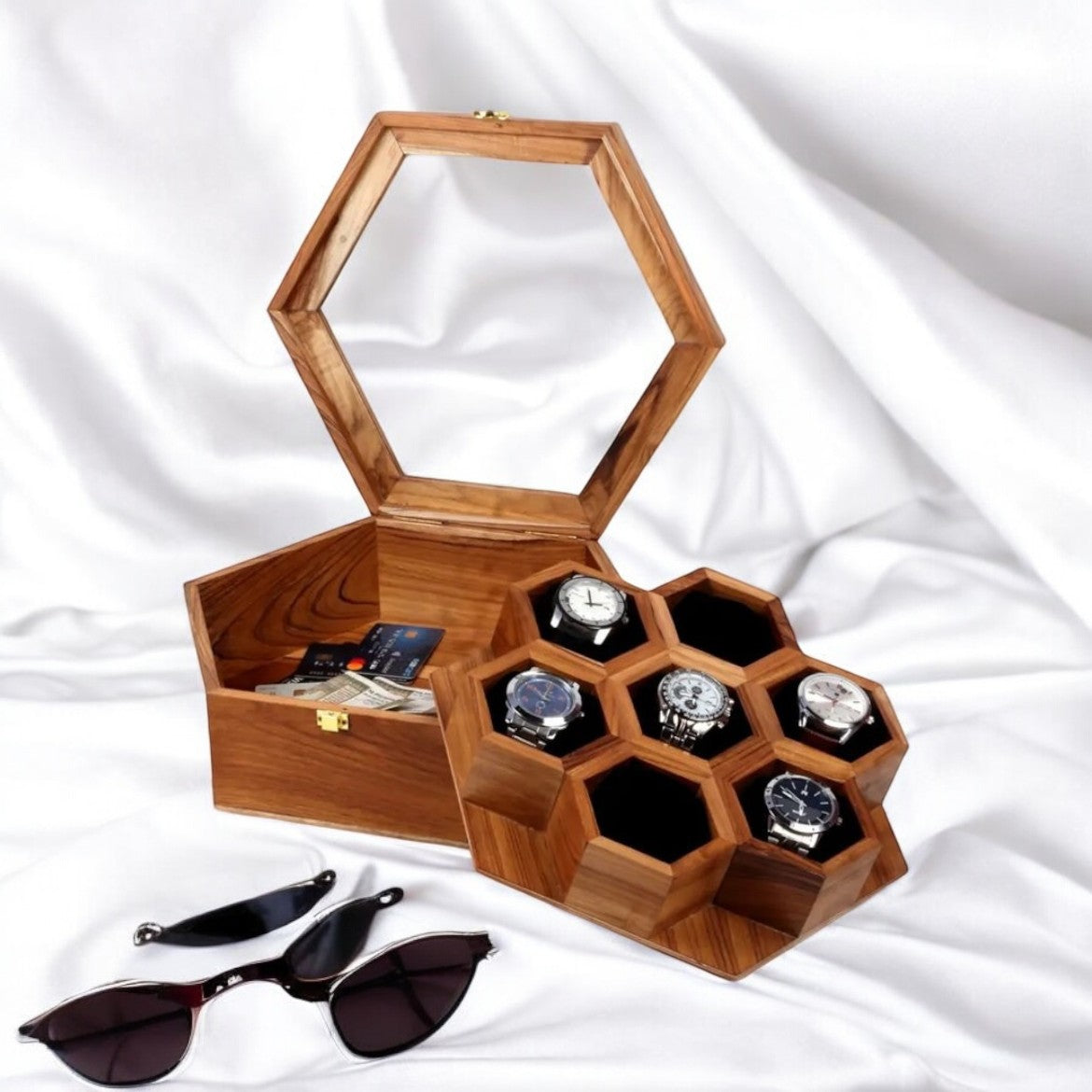 Handcrafted Wooden Honeycomb Design Storage Box for Watches / Spices / Tea Bags