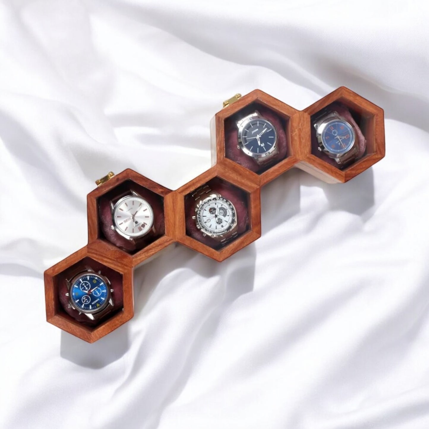 Handcrafted Wooden Honeycomb Design Storage Box for Watches / Spices / Tea Bags