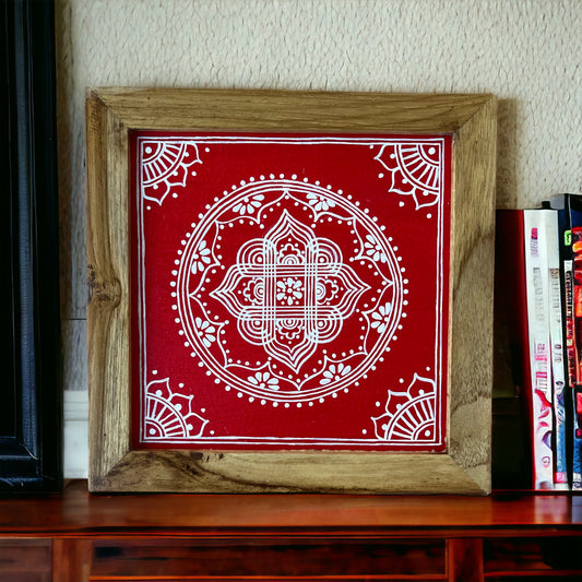 Aipan Inspired Hand Painted Canvas Framed in Sagon Wood