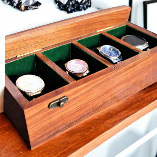 Handcrafted Sheesham Wood Watch Box with Glass Top for Men & Women