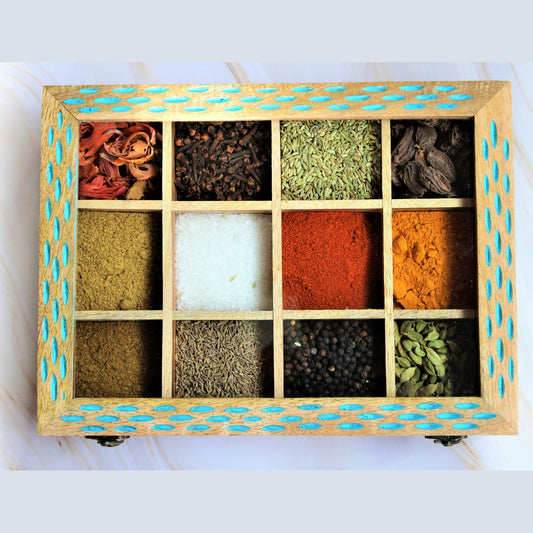 Wooden Spice Box / Masala Dabba with Glass Top
