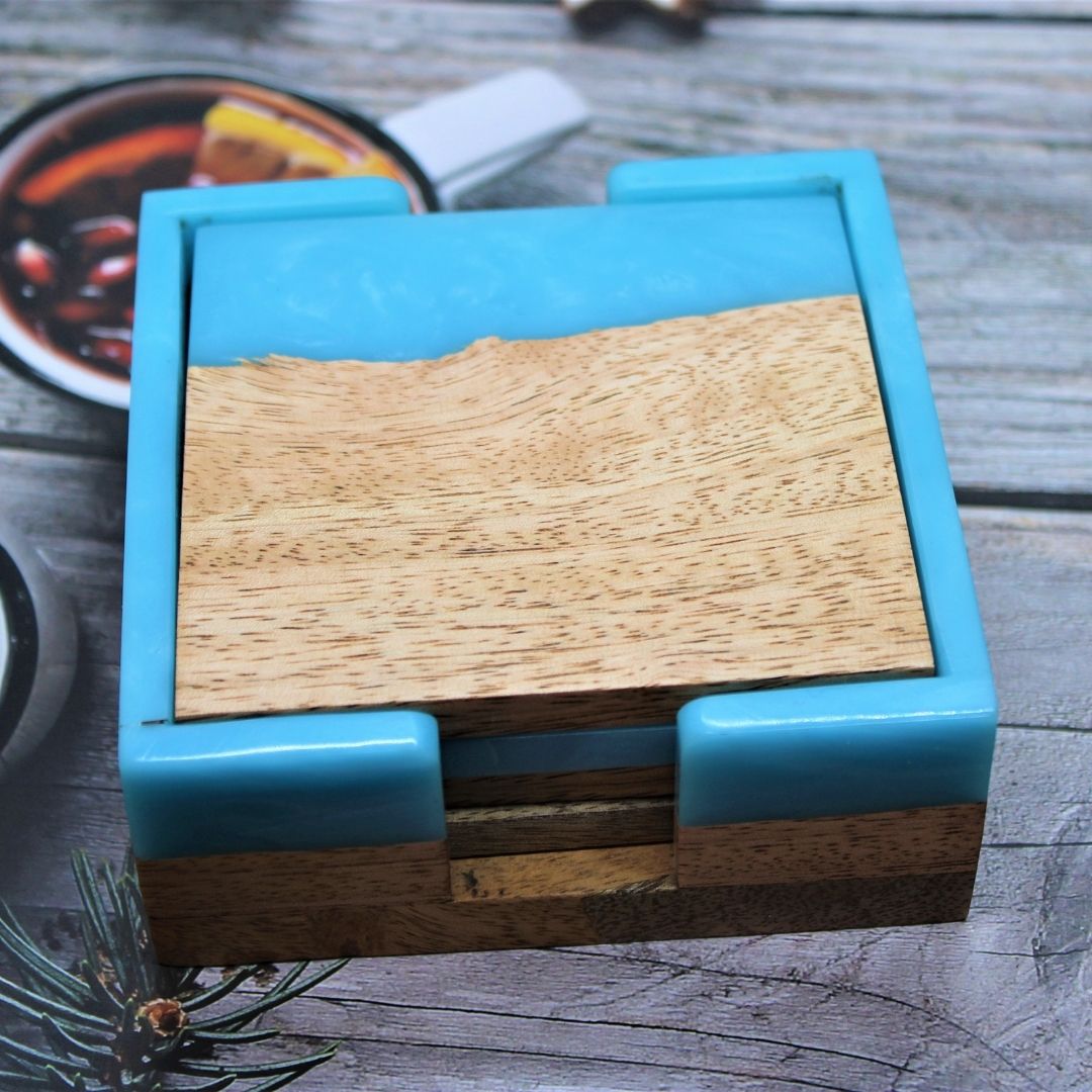 Wood & Resin Coaster Set with Holder (Set of 4)