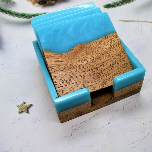 Wood & Resin Coaster Set with Holder (Set of 4)