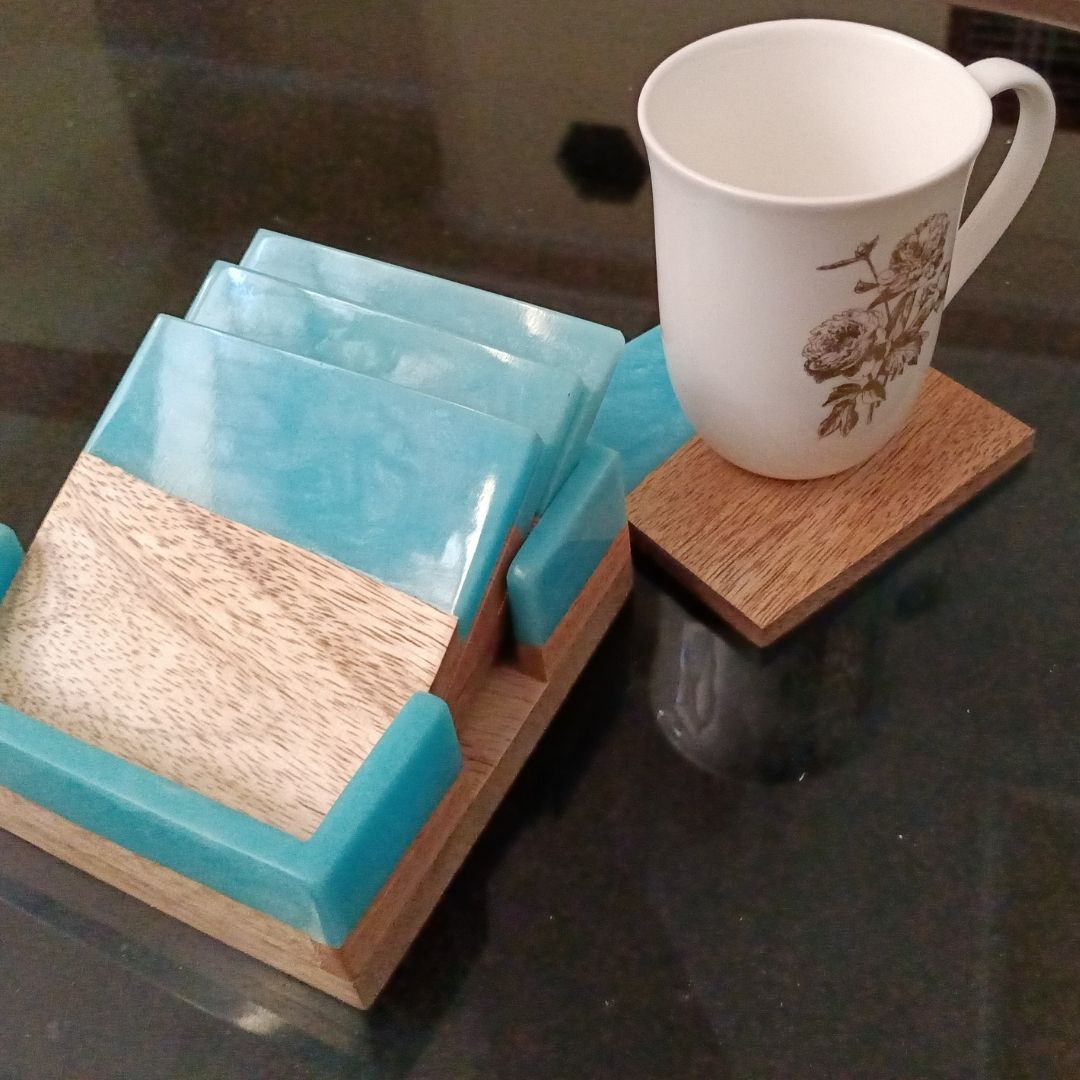 Wood & Resin Coaster Set with Holder (Set of 4)