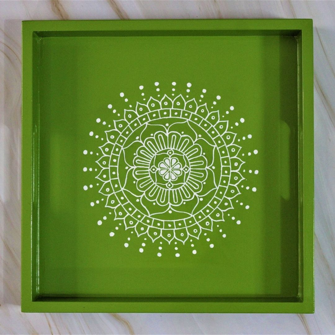 Traditional Aipan Inspired Hand Painted Wooden Serving Tray