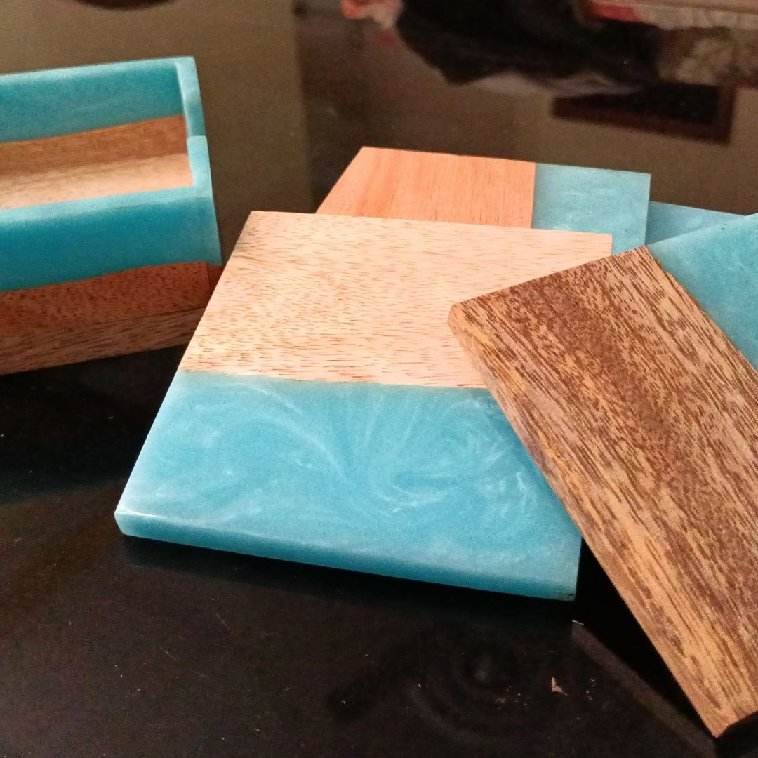 Wood & Resin Coaster Set with Holder (Set of 4)