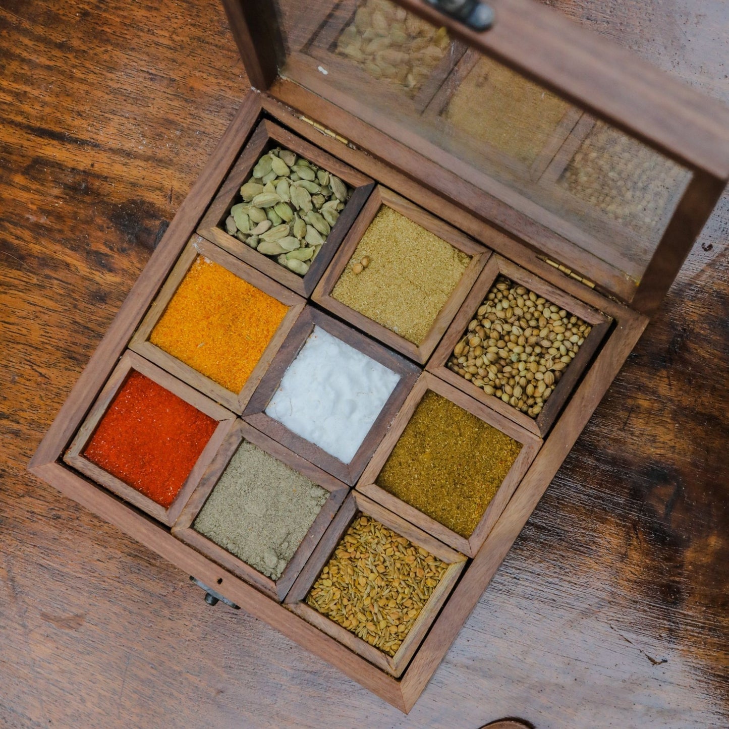 Rosewood Spice Box / Masala Box with Glass Top