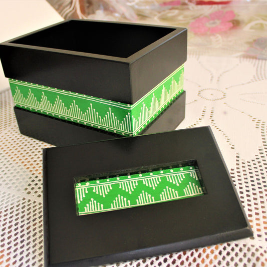 Aipan Inspired Hand Painted Sal Wood Storage Box Large for Gifting Purposes. Green, white and black colour. 