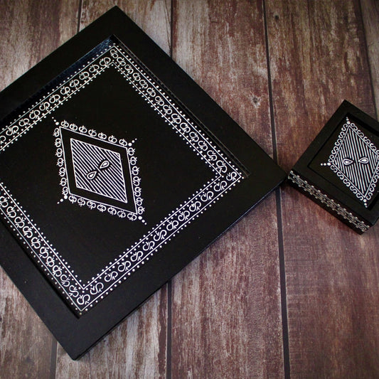 Traditional Aipan Inspired Hand Painted Wooden Serving Tray with Coaster Set