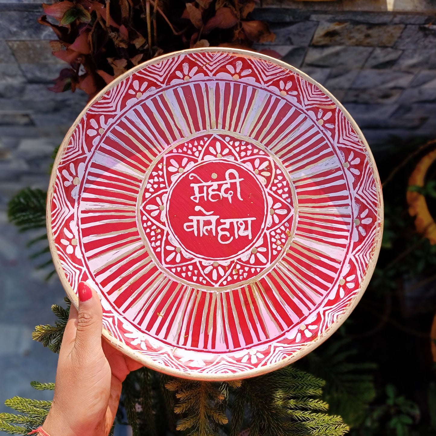 Large Size Hand Painted Puja Thalis for all occasions. Whether its Diwali, Bhaiya Dooj, Karwa Chauth, these hand painted aipan inspired puja thalis would be the perfect addition to your decor. Has different partitions each for diya/ lamp, tika / roli, chawal / rice and agarbatti too. 