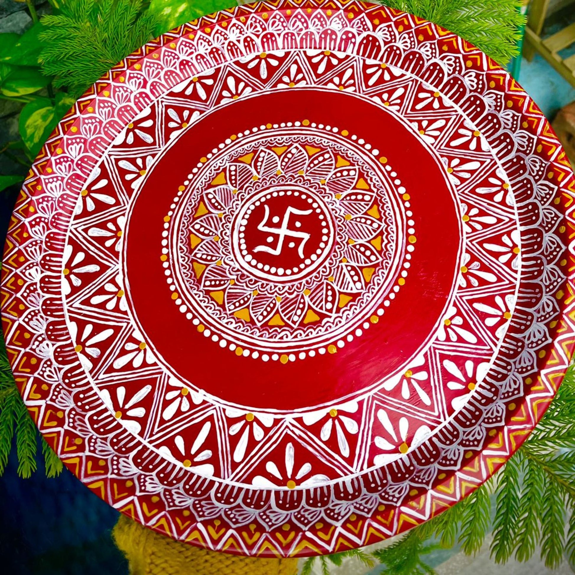 Large Size Hand Painted Puja Thalis for all occasions. Whether its Diwali, Bhaiya Dooj, Karwa Chauth, these hand painted aipan inspired puja thalis would be the perfect addition to your decor. Has different partitions each for diya/ lamp, tika / roli, chawal / rice and agarbatti too. 