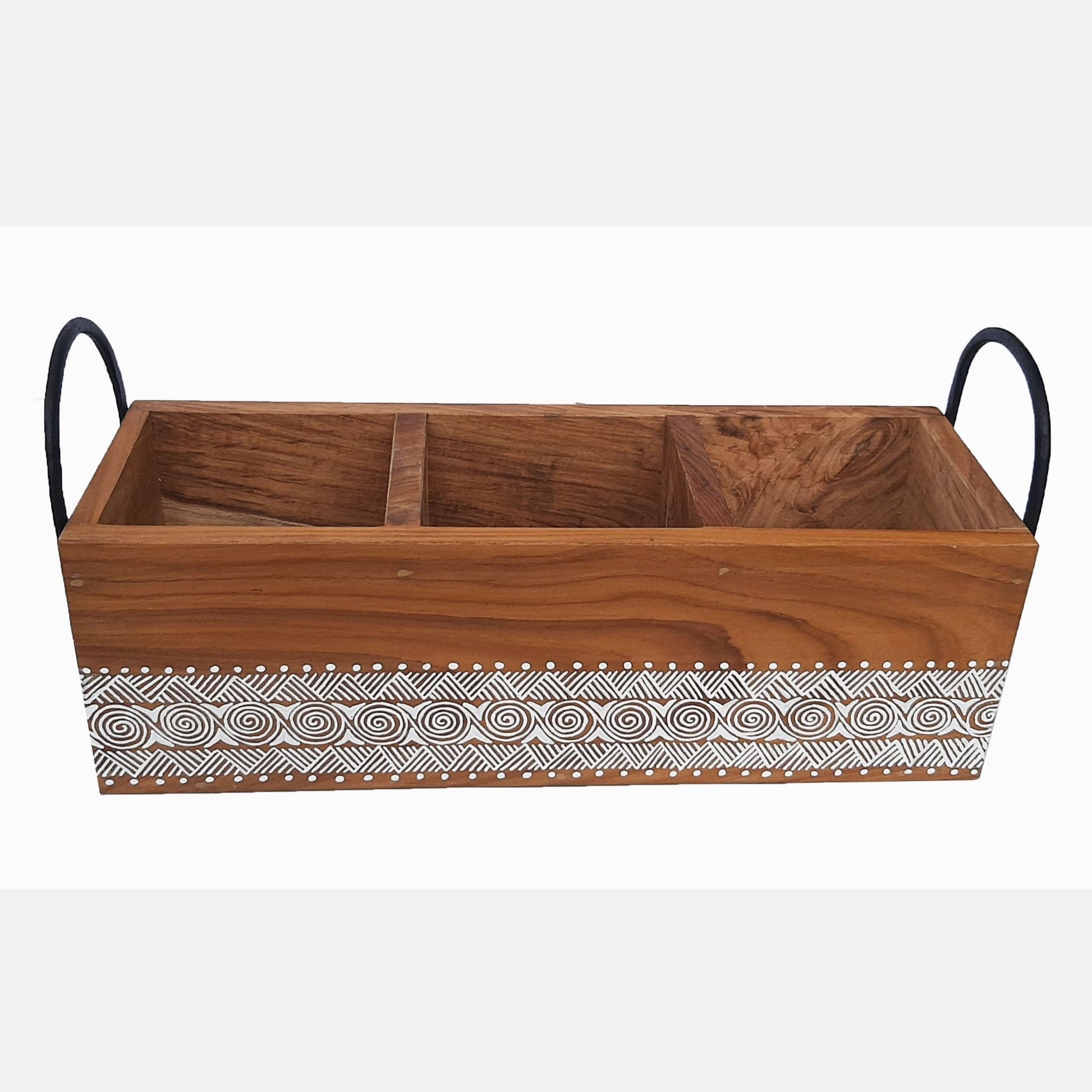 Uttarakhandi Aipan Inspired Hand Painted Sal Wood Planter. Store upto 3 plants in a single planter. Can be used indoors and outdoors. White Colour done on brown base.