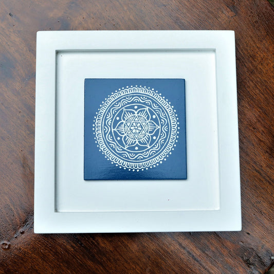 Blue And White Colored Hand Painted Kumouni Aipan Inspired Wall Decor in White MDF Frame