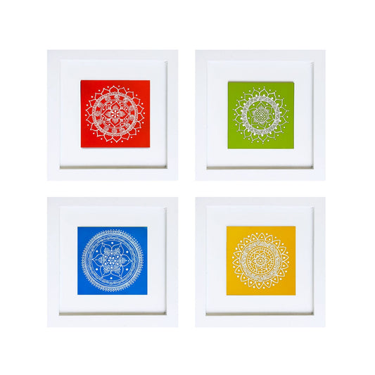 Aipan Inspired Hand Painted Wall Decor Set of 4. White MDF Base painted with Vibrant Colours to make your walls looks beautiful and classy.
