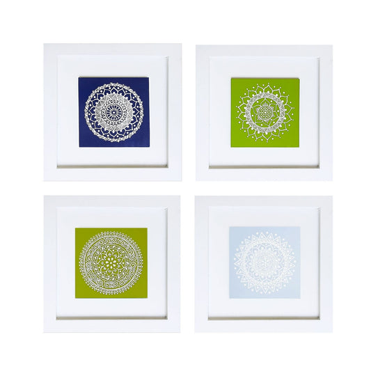 Uttarakhand Aipan Inspired Hand Painted Multicoloured Wall Decor Set of 4 MDF Frames painted in vibrant colours. Buy Now!