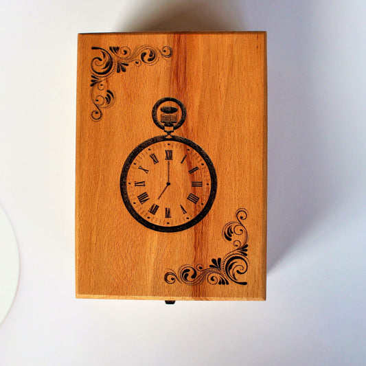 Laser Engraved Beech Wood Watch Storage box for four watches. 